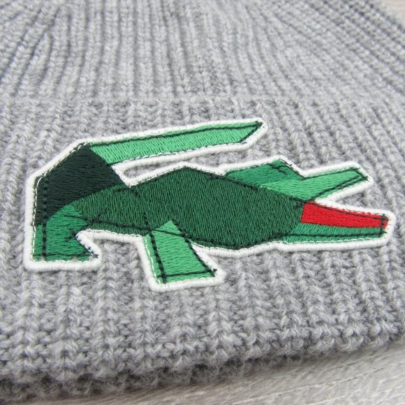 Lacoste Crocodile Big Patch Grey Wool Beanie Cap One Size NEW - Picture 6 of 13